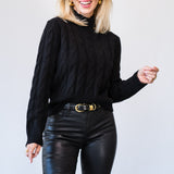 Mock Neck Cable Cashmere Sweater in Black