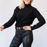 Mock Neck Cable Cashmere Sweater in Black