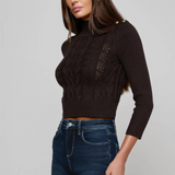 Kamdyn Cable Mock Neck Sweater in Coffee Bean/Gold