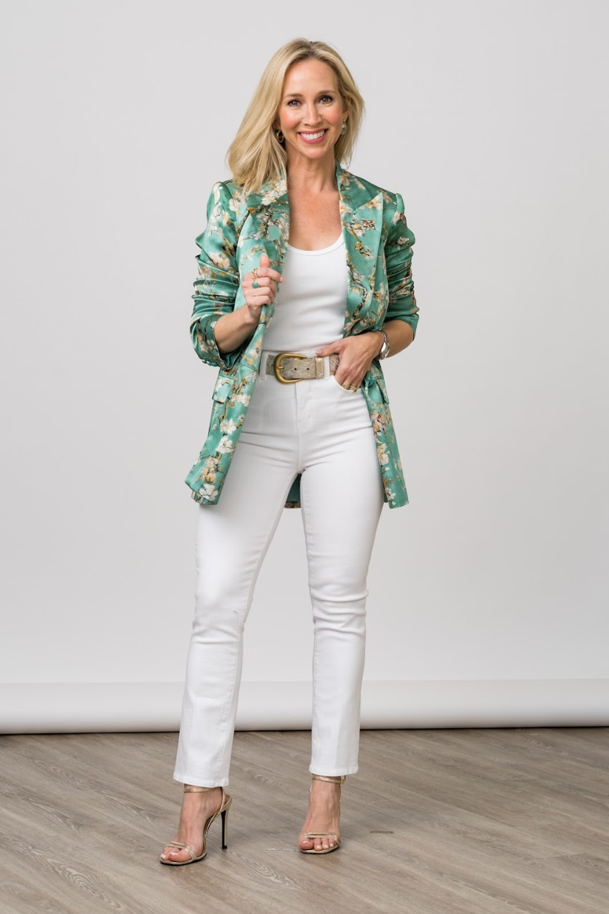 
                  
                    Taryn Double Breasted Blazer in Teal Cherry Blossom
                  
                