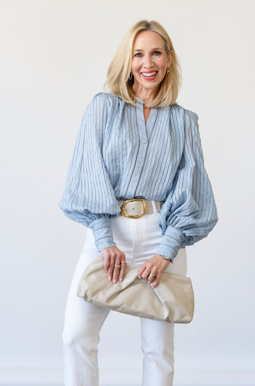 Kiera Ladder Trim Blouse in Light Blue Fog - Lukka Boutique
