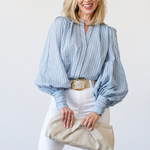 Kiera Ladder Trim Blouse in Light Blue Fog - Lukka Boutique