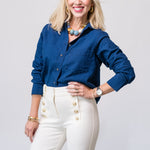 Cropped Classic Shirt in Dark Blue - Lukka Boutique