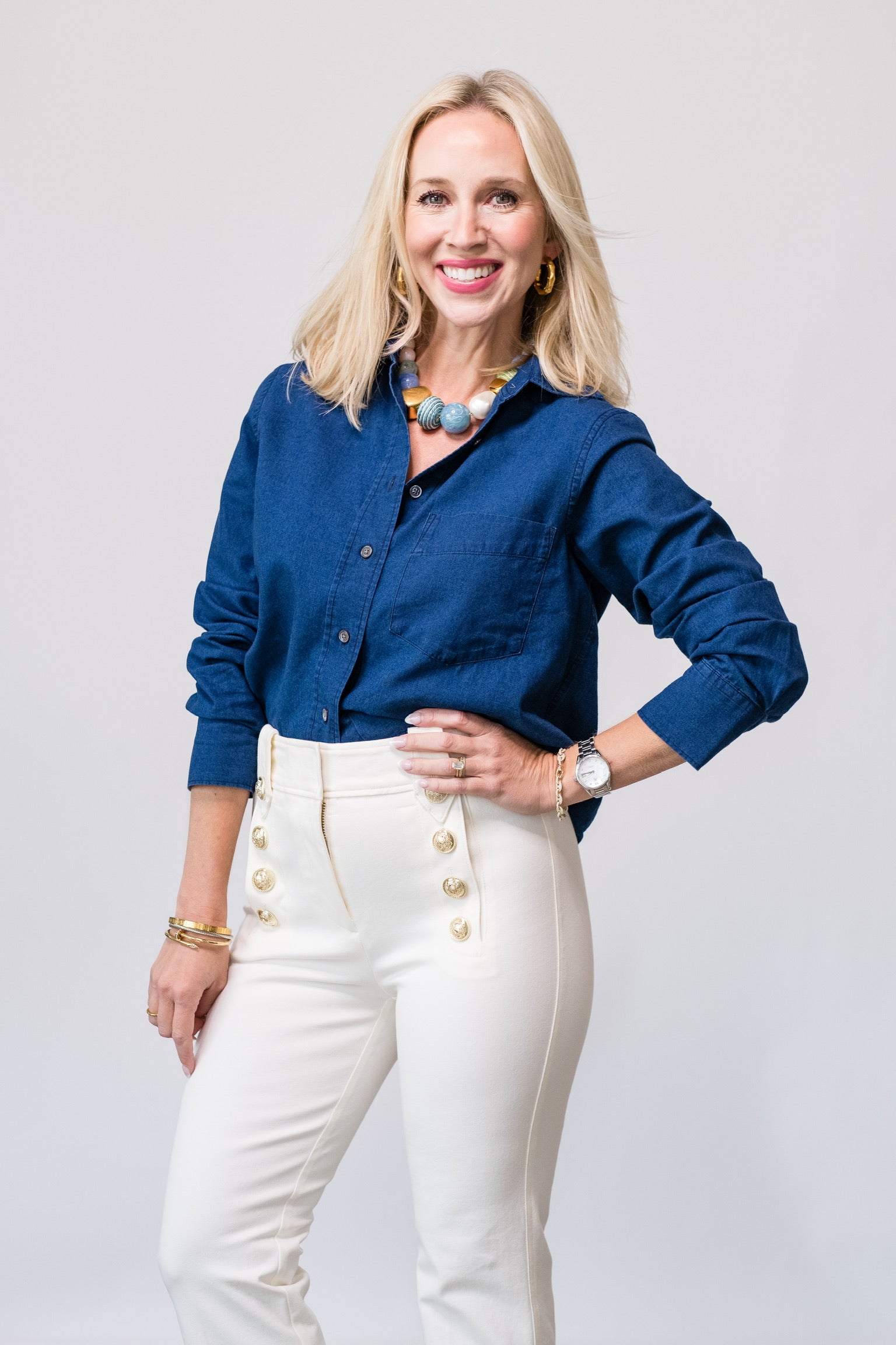 Cropped Classic Shirt in Dark Blue - Lukka Boutique