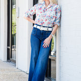 Relaxed Button Up Shirt in Pink Red Blue Flowers