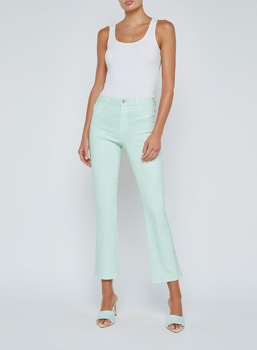 Tati High Rise Crop Micro Bootcut Jean in Pale Jade Coated