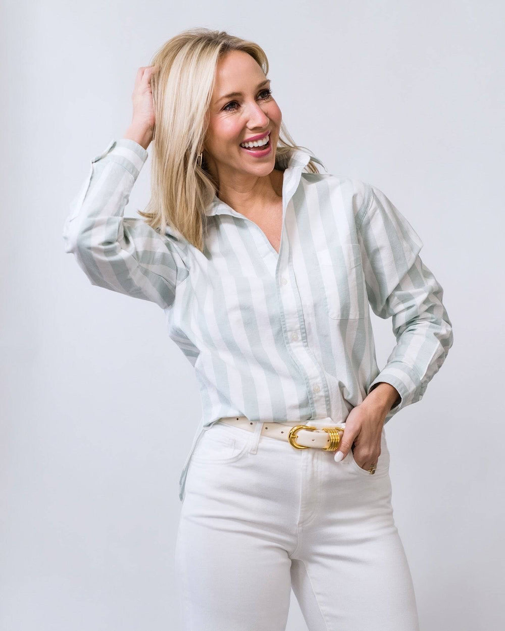 Silvio Untuckable Button-Up Shirt in Wide Sage Stripe