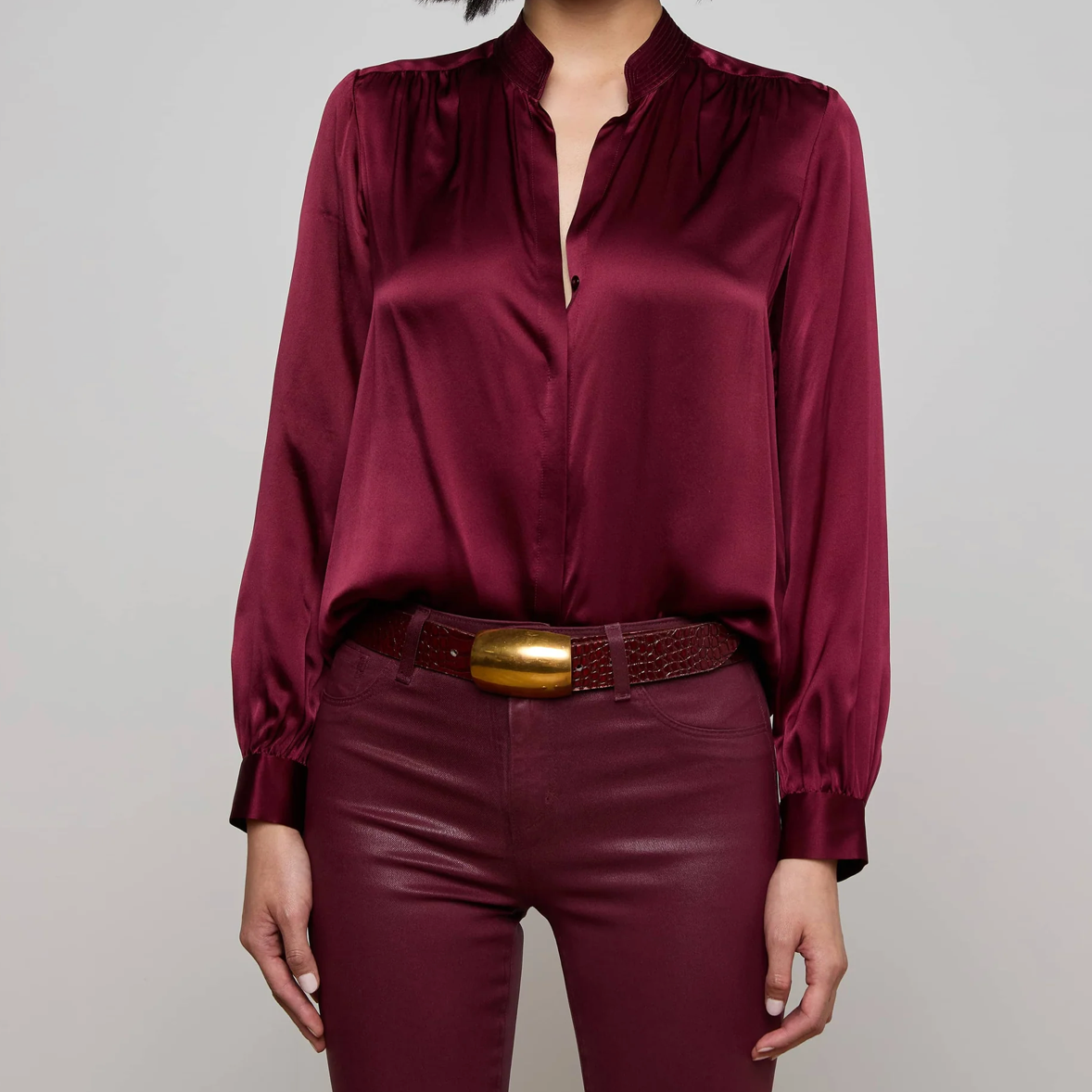 Bianca Band Collar Blouse in Dark Port - Lukka Boutique