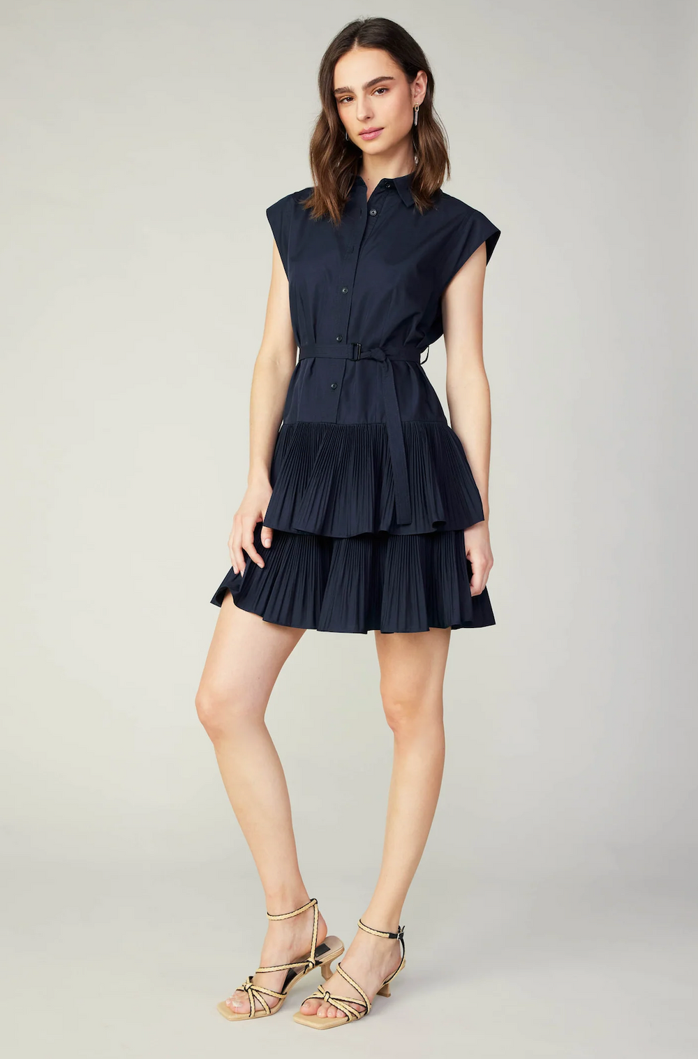 Sleeveless Tiered Belted Mini Dress in Black