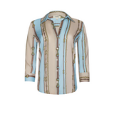 Camille 3/4 Sleeve Blouse in Taupe/LT Sage Belt Stripe