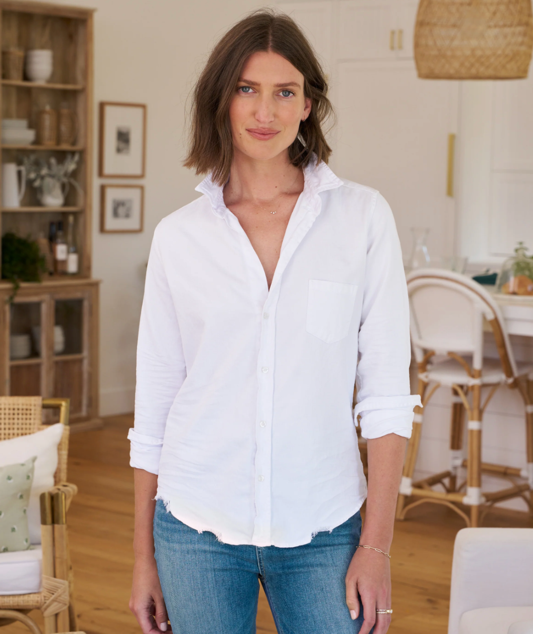 Barry Tailored Button-Up Shirt in White Tattered Denim - Lukka Boutique