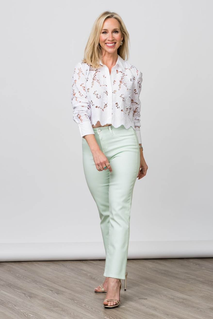 Tati High Rise Crop Micro Bootcut Jean in Pale Jade Coated