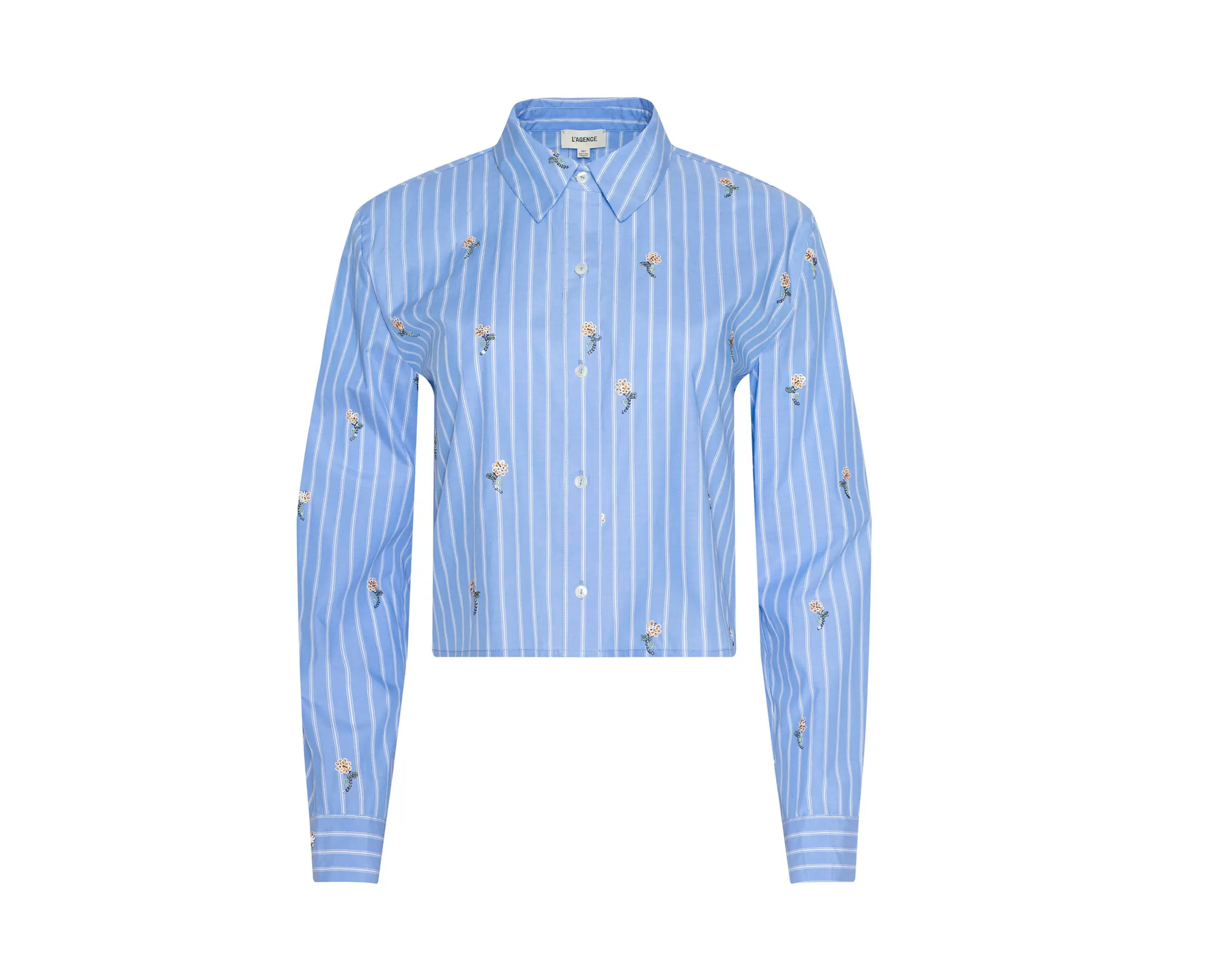 Cosette Crop Hi Low Shirt in Blue Stripe/Sequin Flower - Lukka Boutique