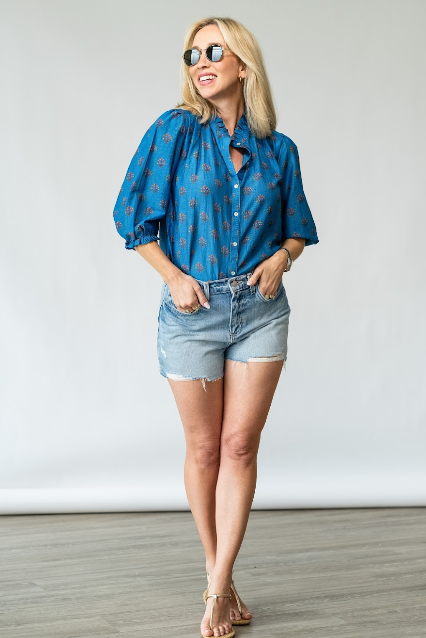 Lindi Long Sleeve Top in Blue - Lukka Boutique