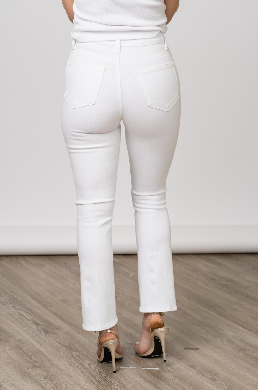 Mira Cropped Bootcut Jean in White with Gold Button - Lukka Boutique