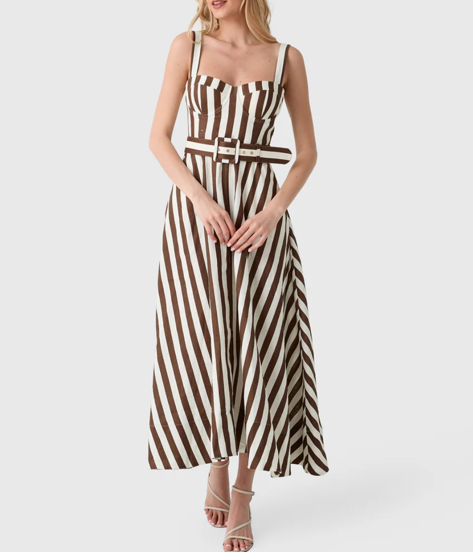 Calypso Dress in Brown Ivory Stripe