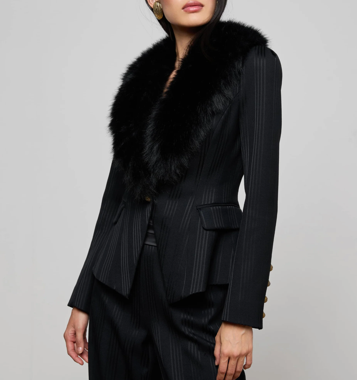 Kaisley Faux Fur Collar Blazer in Black Shadow Stripe - Lukka Boutique