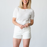Linen Cropped Short Sleeve Sweater in White