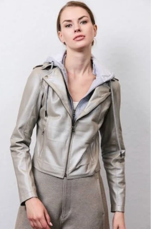 Molly Metallic Leather Jacket in Taupe