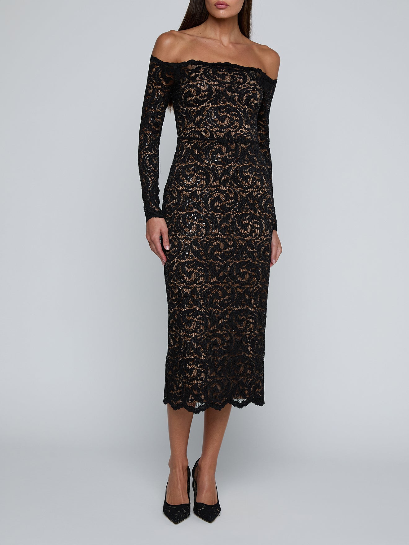 Lindsay Off Shoulder Lace Dress in Black - Lukka Boutique