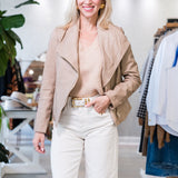 Draped Collar Washed Leather Biker Jacket in Beige