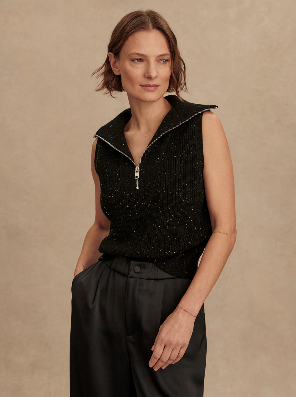Hally Half Zip Rib Vest in Black Fleck - Lukka Boutique