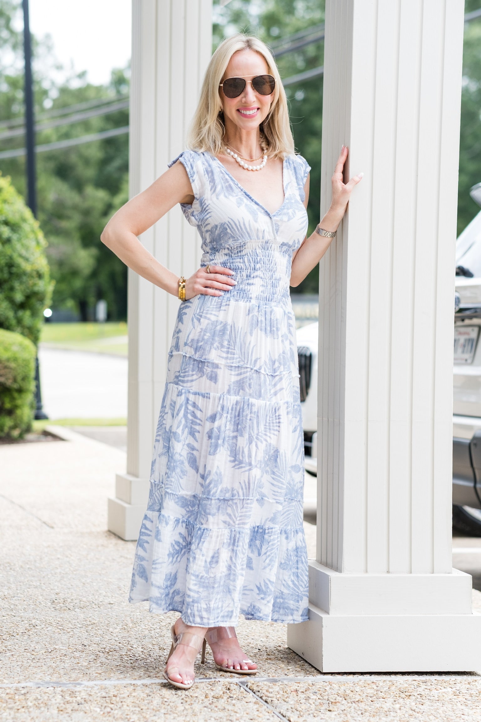 Smocked Dress in Sky Palm - Lukka Boutique