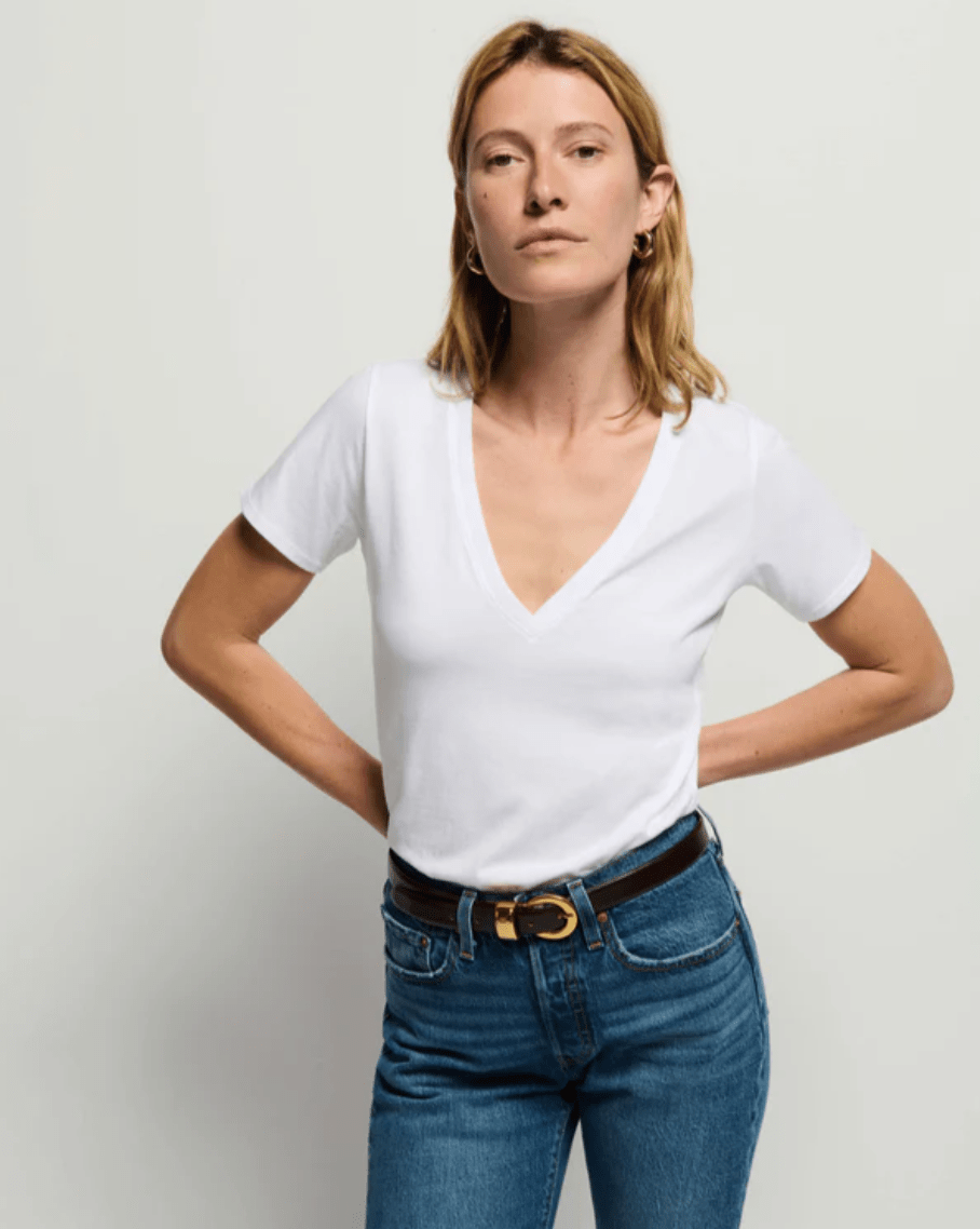 Blair Slim V-Neck Tee in White - Lukka Boutique