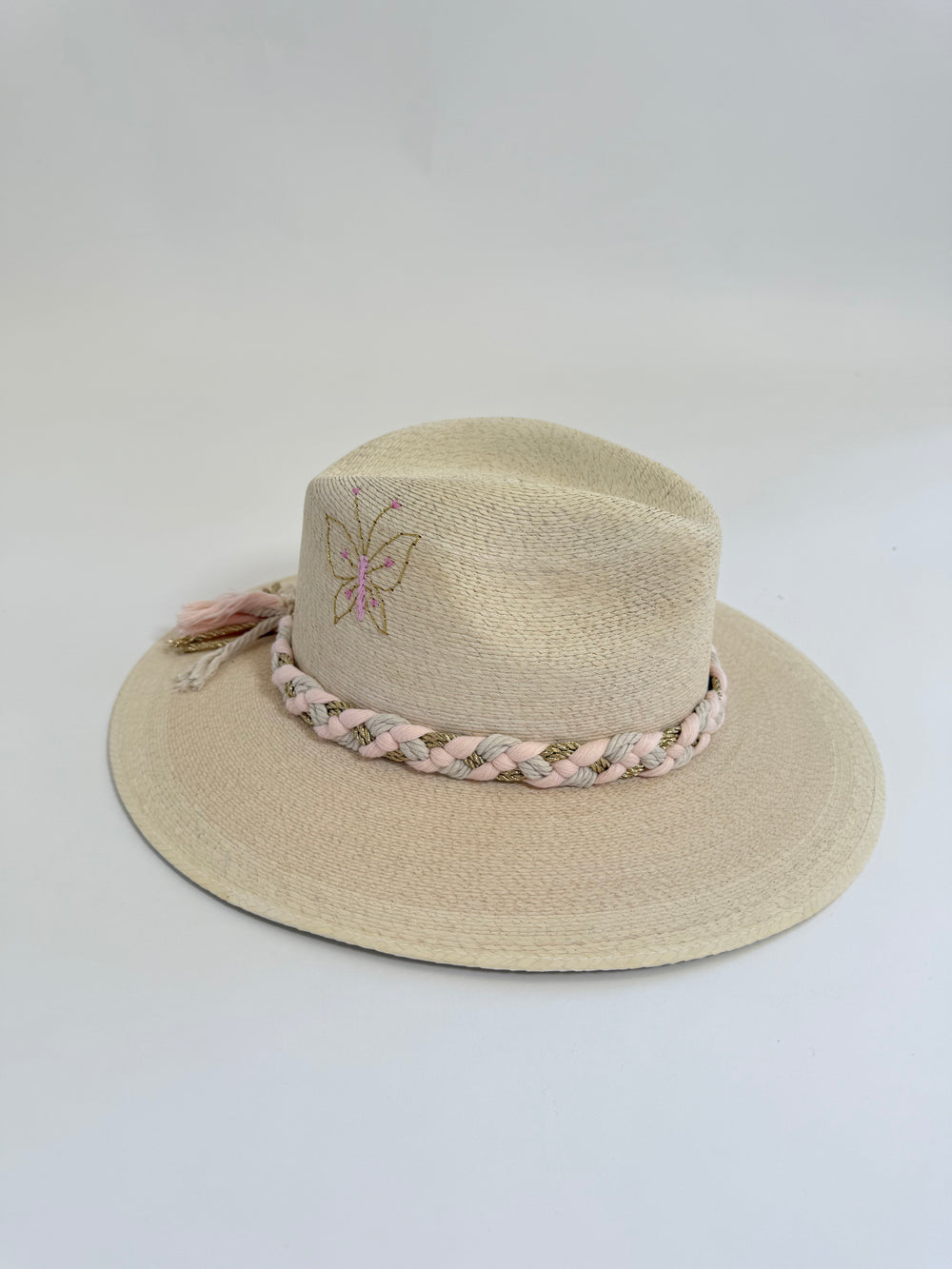 White Palm Hat with Pastel Butterfly Band