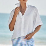 Rosie Short Sleeve Button Up in White Linen - Lukka Boutique