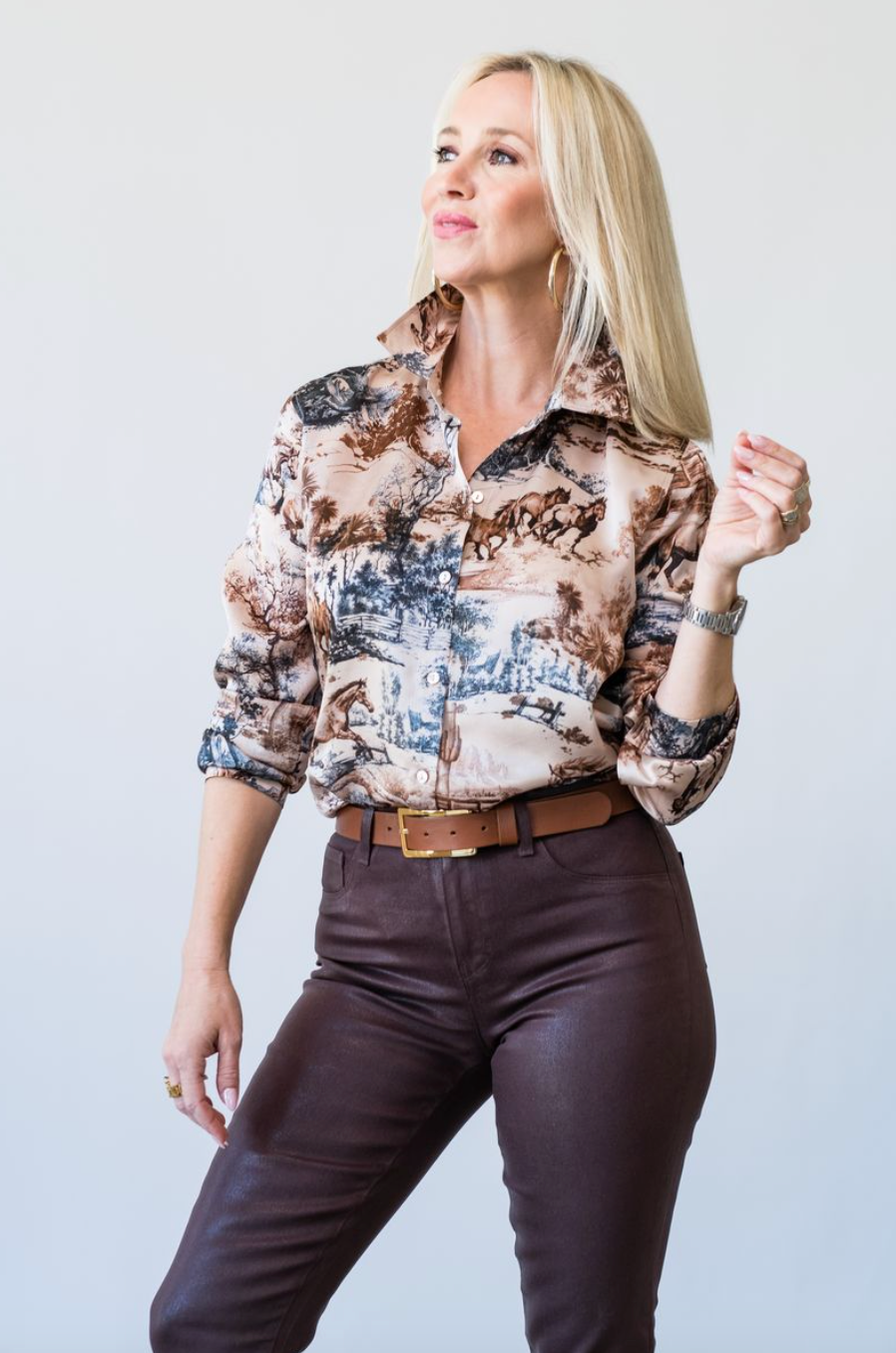 Tyler Long Sleeve Blouse in Tan Western Toile - Lukka Boutique