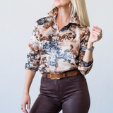 Tyler Long Sleeve Blouse in Tan Western Toile - Lukka Boutique
