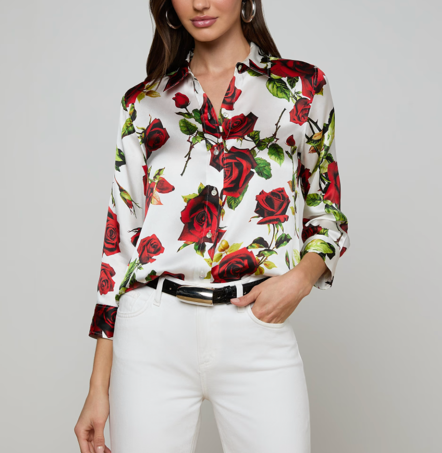 Dani 3/4 Sleeve Blouse in White/Red Romantic Rose - Lukka Boutique