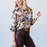 Tyler Long Sleeve Blouse in Tan Western Toile - Lukka Boutique