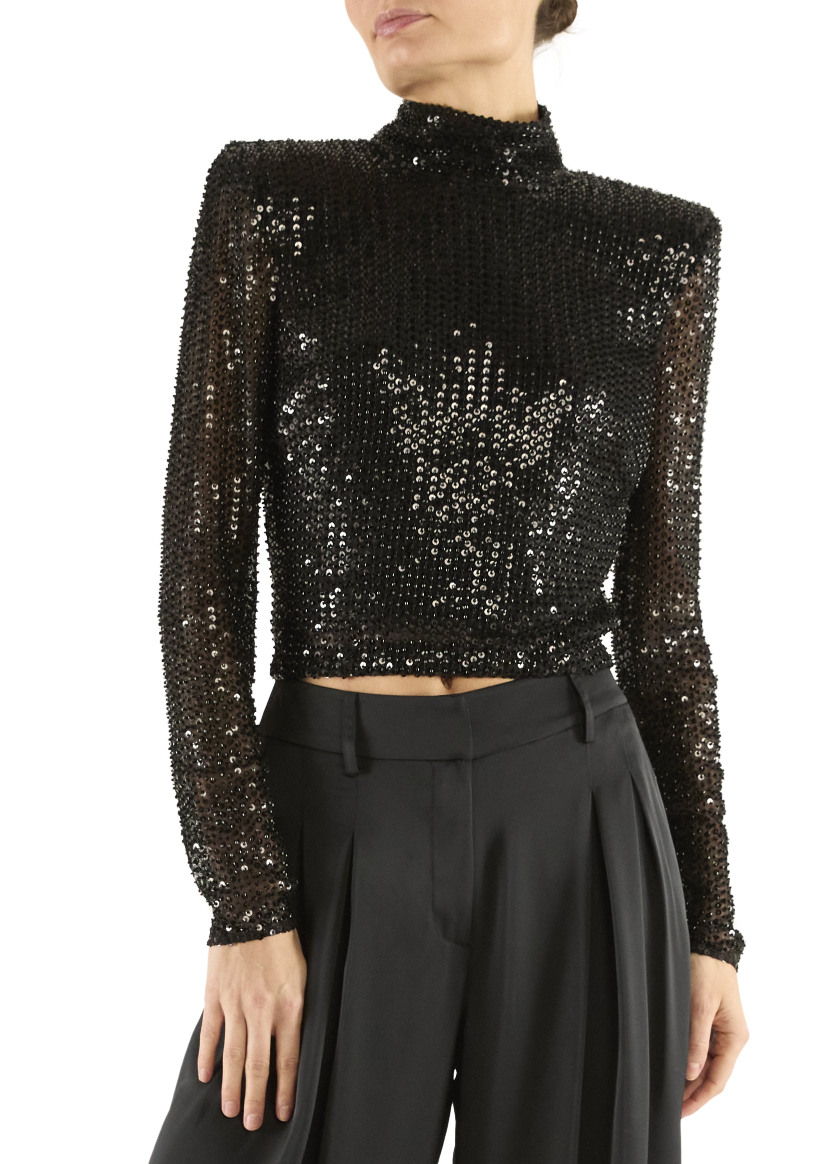 Amber Beaded Mesh Mock Neck Top in Black - Lukka Boutique