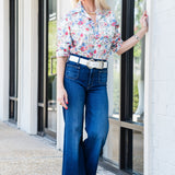 Relaxed Button Up Shirt in Pink Red Blue Flowers