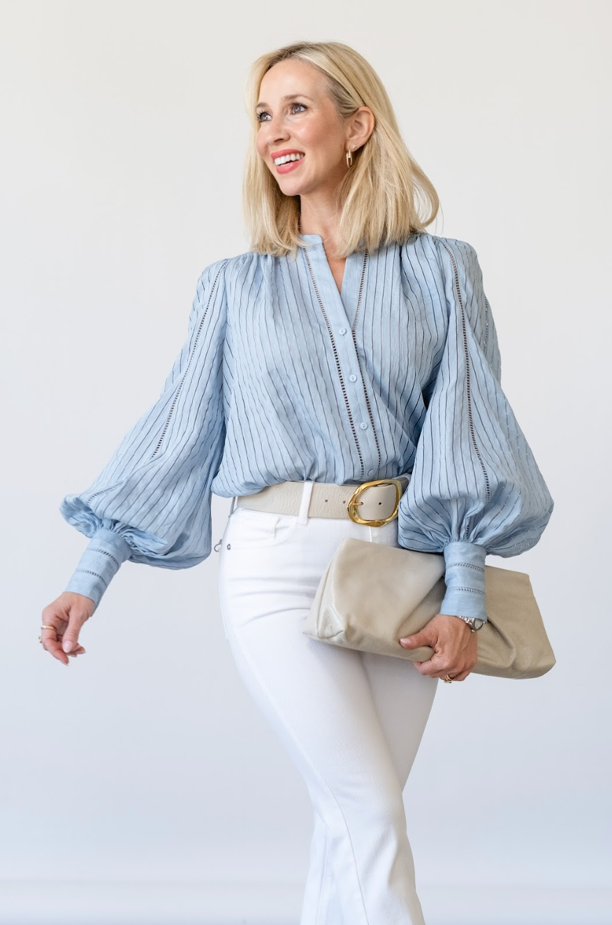 Kiera Ladder Trim Blouse in Light Blue Fog - Lukka Boutique