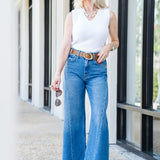 Ribbed V-Neck Sleeveless Knit Top in WHite