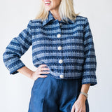 Jia Crop 3/4 Sleeve Jacket in Blue Multi Stripe Tweed - Lukka Boutique