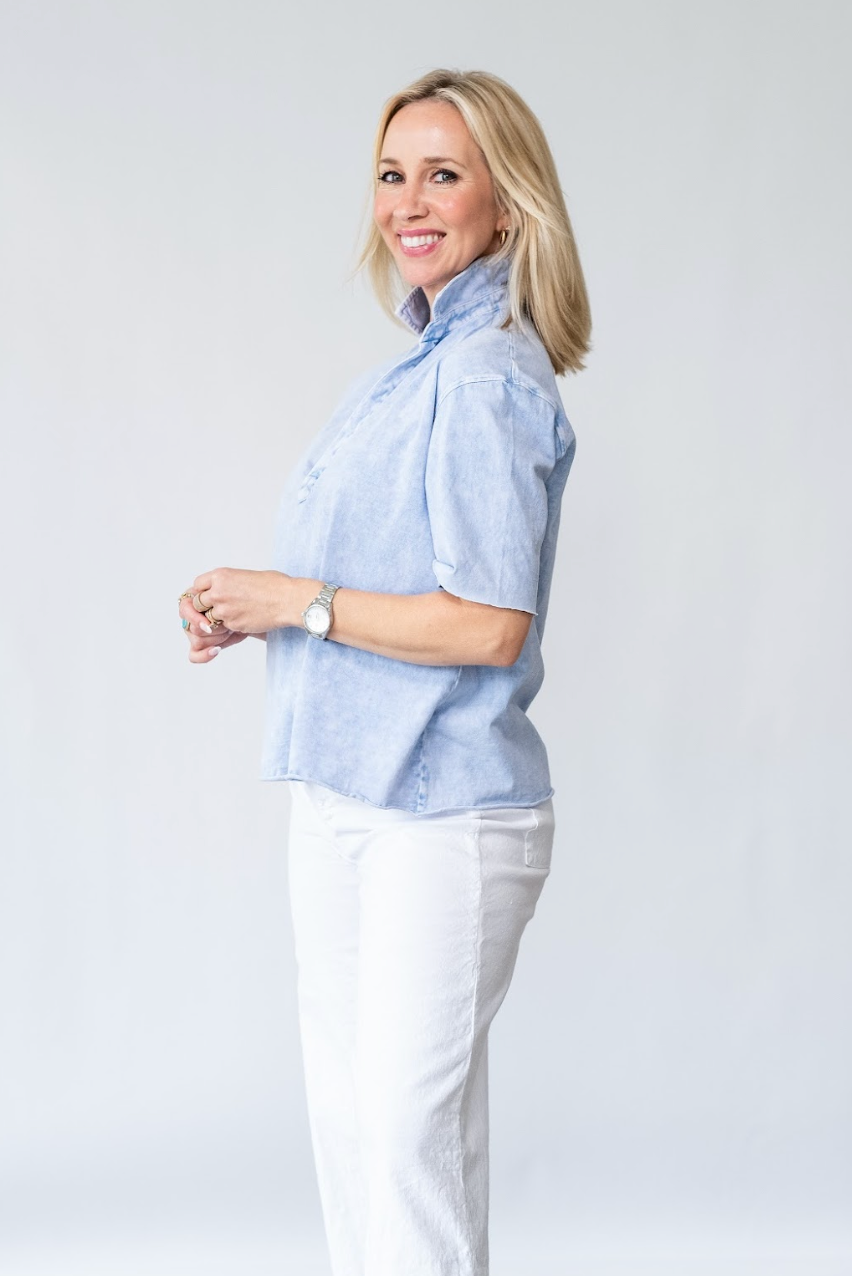 Patty Popover Short Sleeve Henley in Mineral Blue - Lukka Boutique