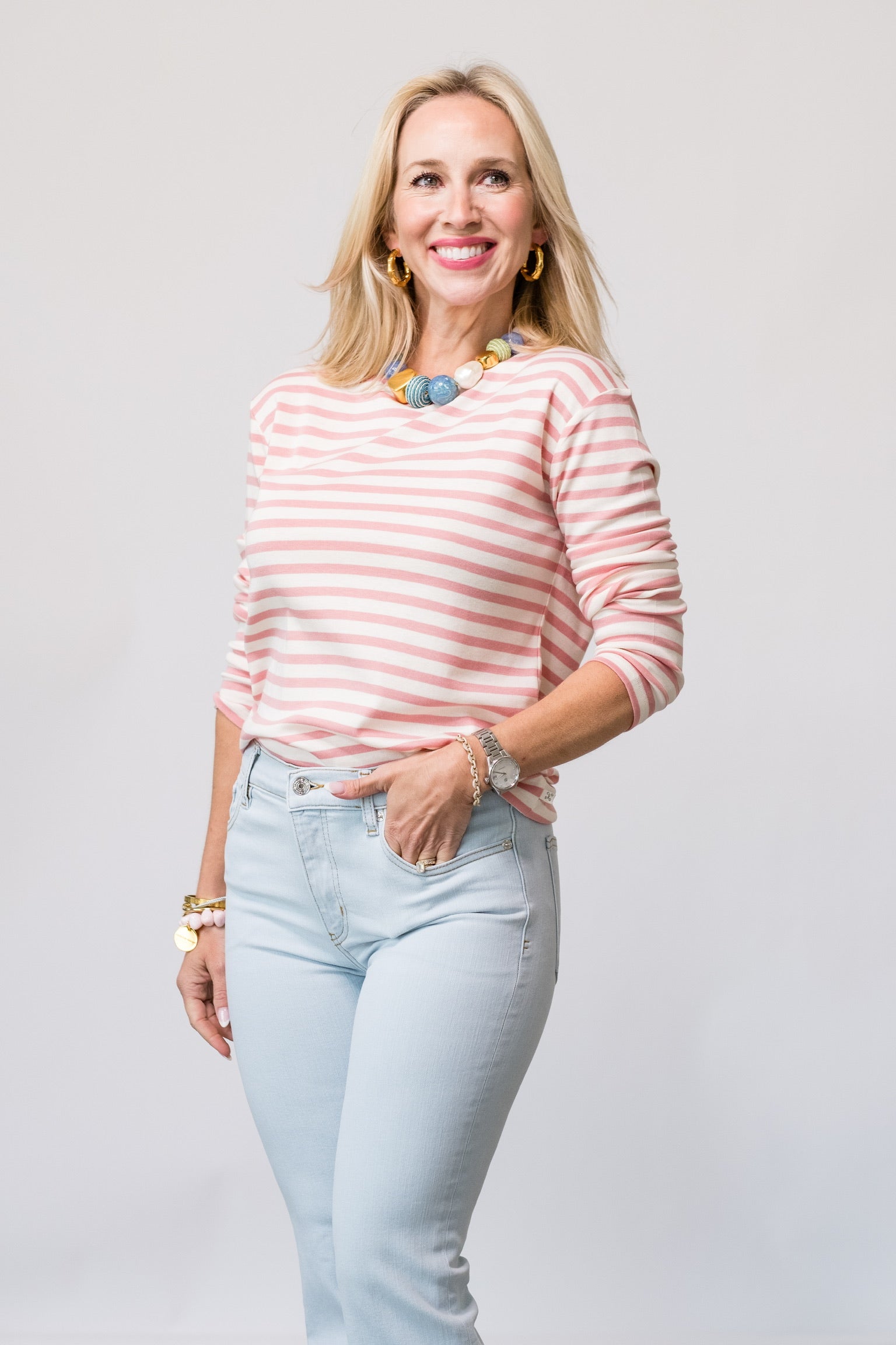 Stripe Long Sleeve Tee in Peony Pink - Lukka Boutique