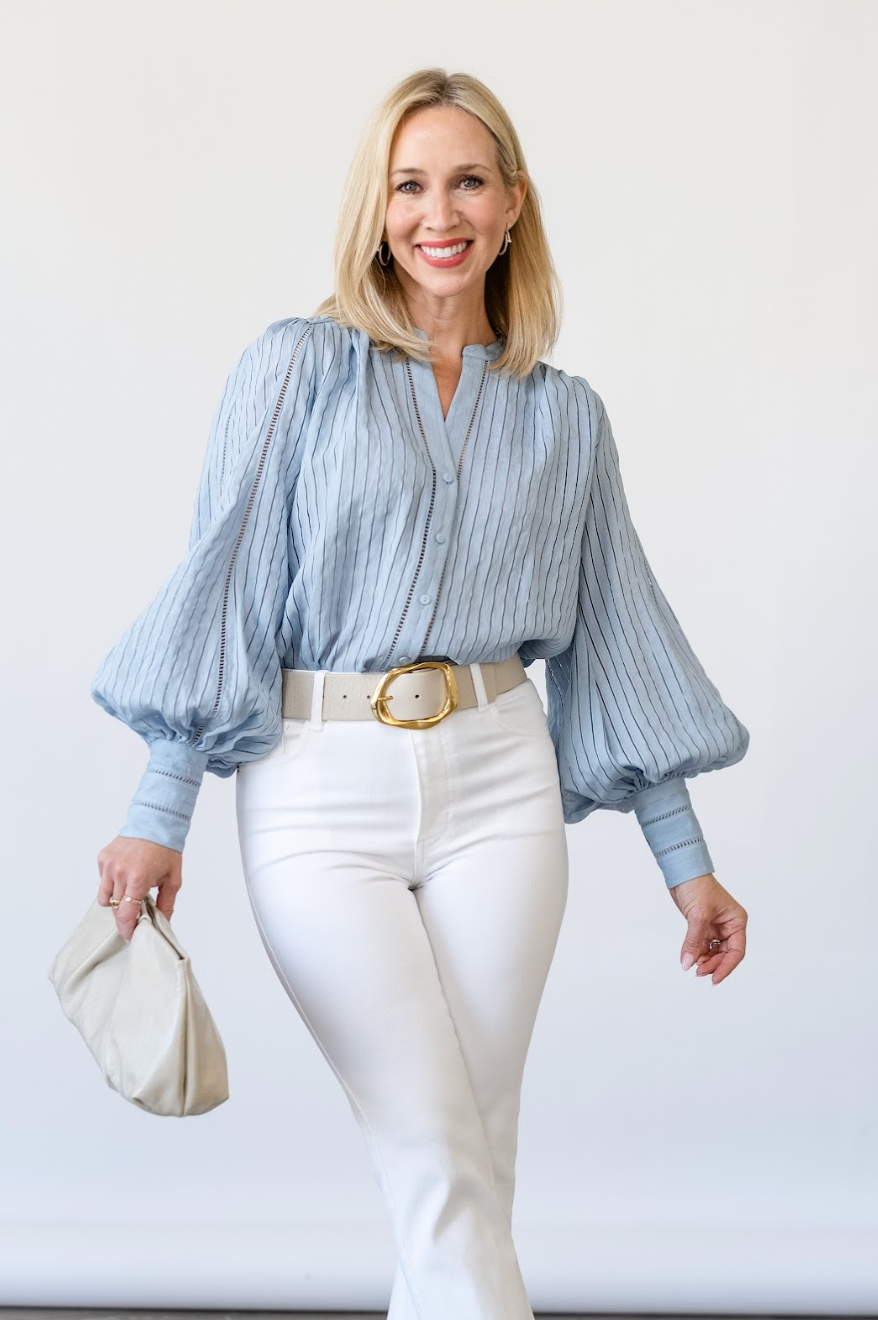 Kiera Ladder Trim Blouse in Light Blue Fog