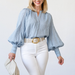 Kiera Ladder Trim Blouse in Light Blue Fog - Lukka Boutique