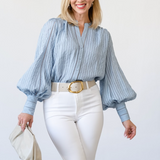 Kiera Ladder Trim Blouse in Light Blue Fog - Lukka Boutique