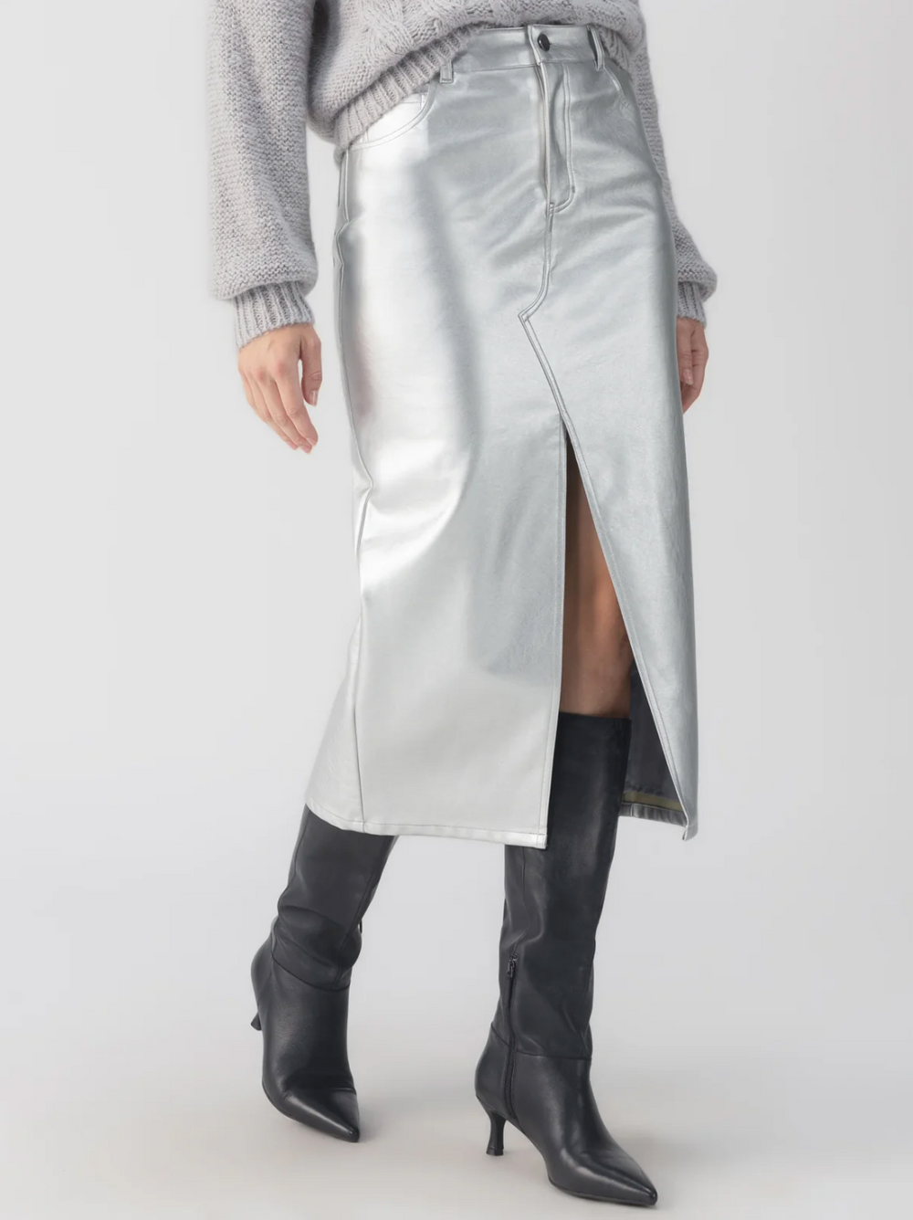 Leather Midi Skirt in Silver