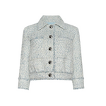Jia Crop 3/4 Sleeve Fringe Jacket in Light Blue/Ivory Chevron - Lukka Boutique
