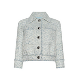 Jia Crop 3/4 Sleeve Fringe Jacket in Light Blue/Ivory Chevron - Lukka Boutique