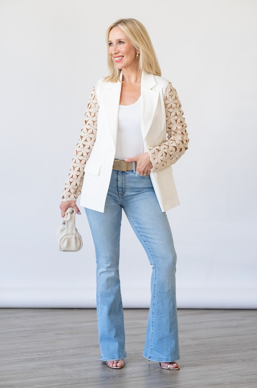 Kelsey Jacket in White Floral Linen