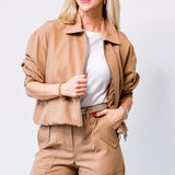 Arlenis Tropical Stretch Suiting Zip Front Blouson Jacket in Camel