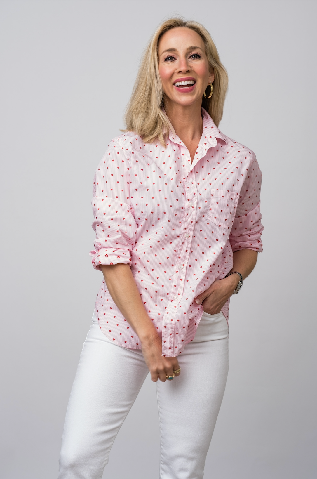 Eileen Relaxed Button-Up Shirt in Pink Hearts - Lukka Boutique